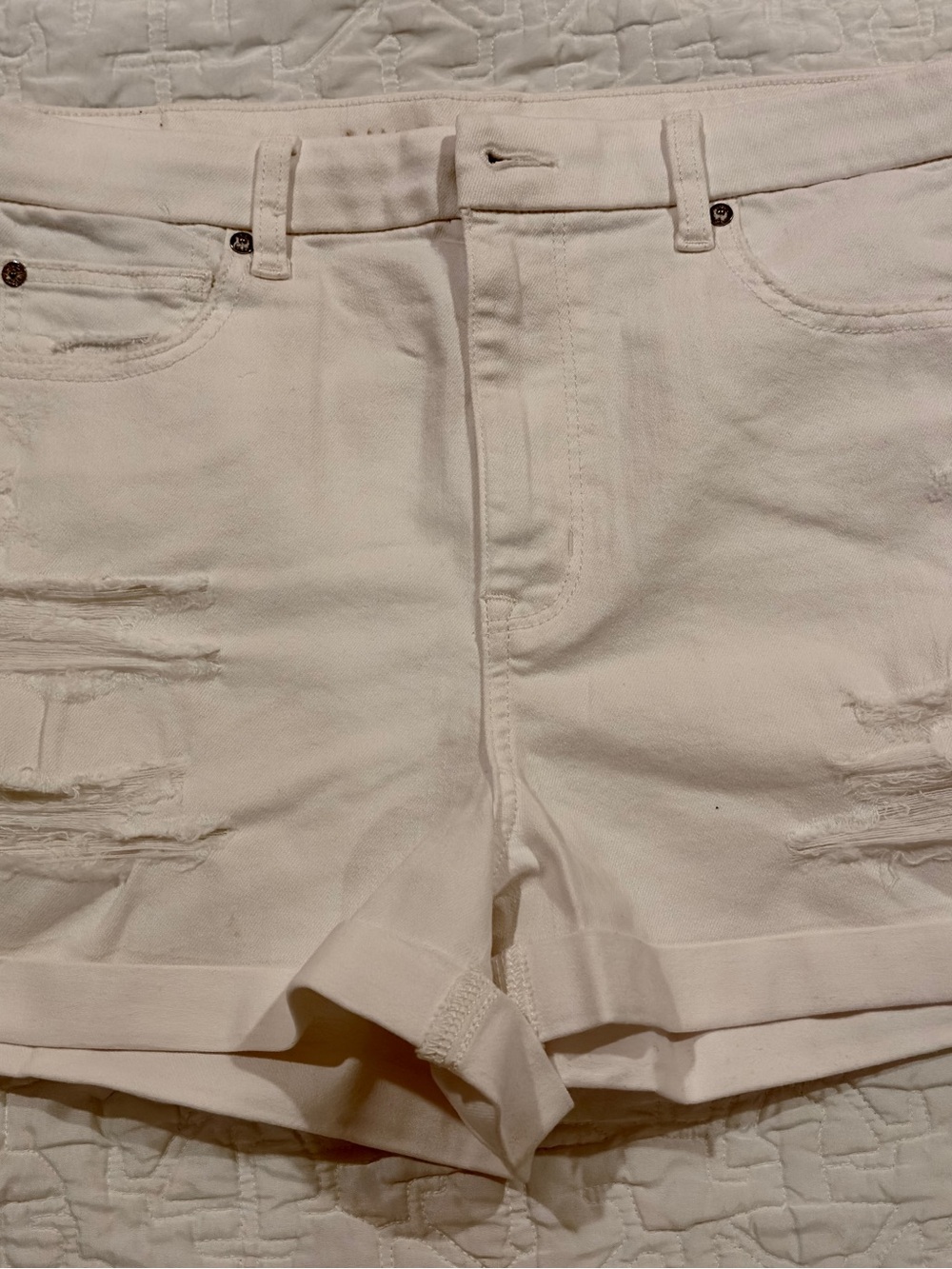 American Eagle Outfitters Cream Distressed Cuffed Denim Shorts